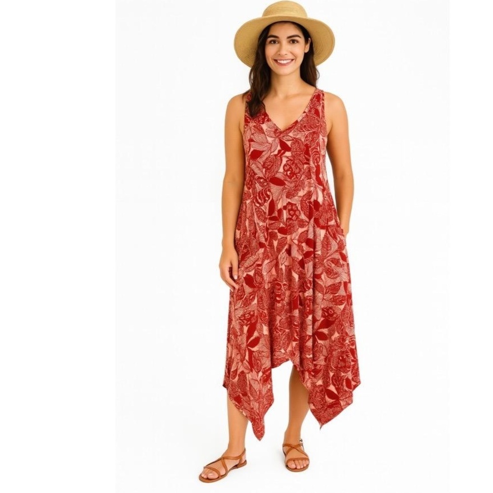 AnyBody Red Floral Print Vneck Flowy Sleeveless‎ Dress With Crisscross  Back M